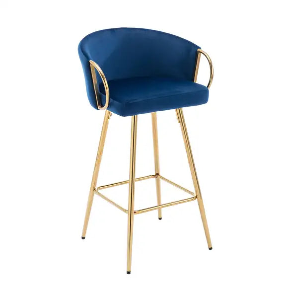 26 Inch Velvet Bar Stools Set of 2, Chrome Footrest, Golden Legs, Blue - Minihomy