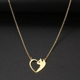 Women's Fashion Jewelry Stainless Steel Necklaces with Heart Cat Hollow Pendant Girls Gifts