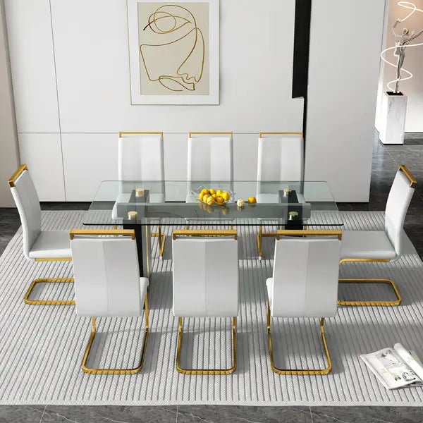 Modern Minimalist Glass Dining Table & Chair Set (6-8 People) - Tempered Glass Top, MDF Legs - Minihomy