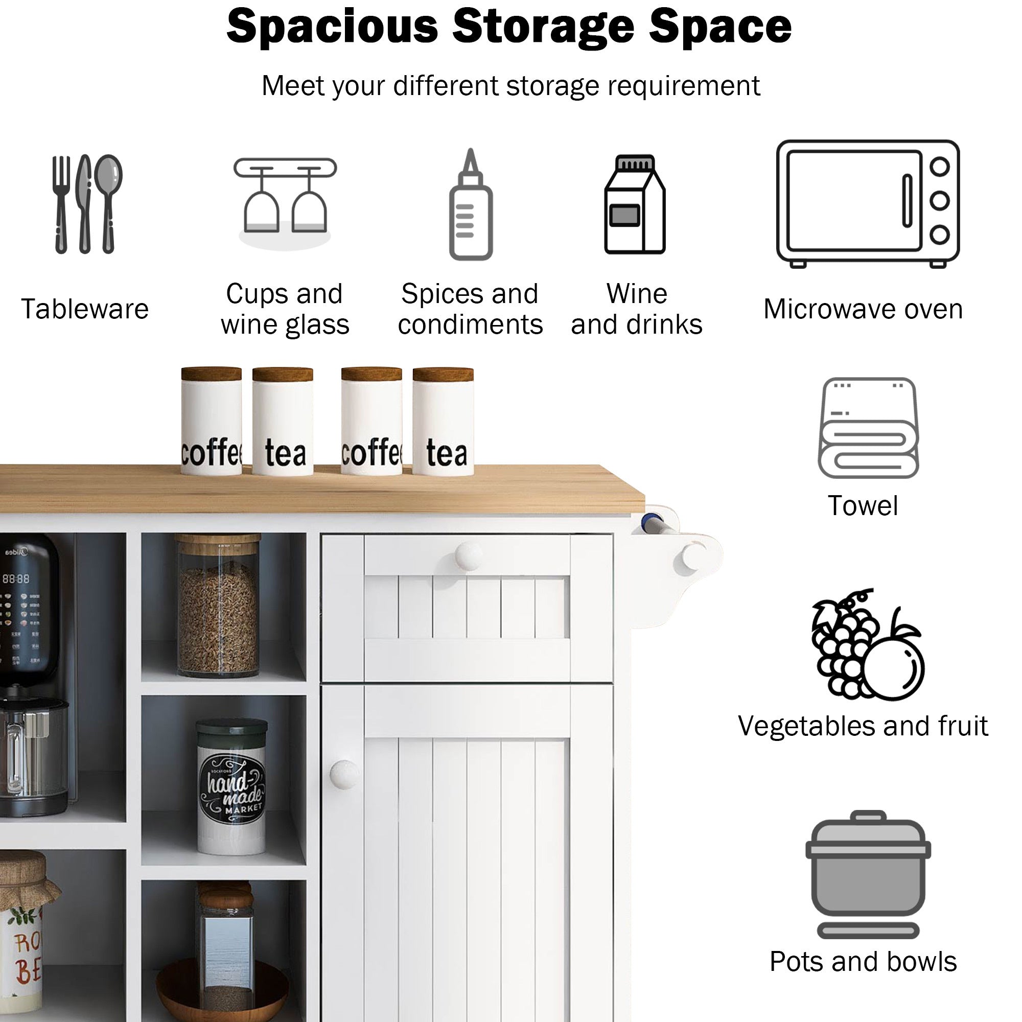 White Kitchen Island Cart with Storage, Microwave Cabinet & Locking Wheels