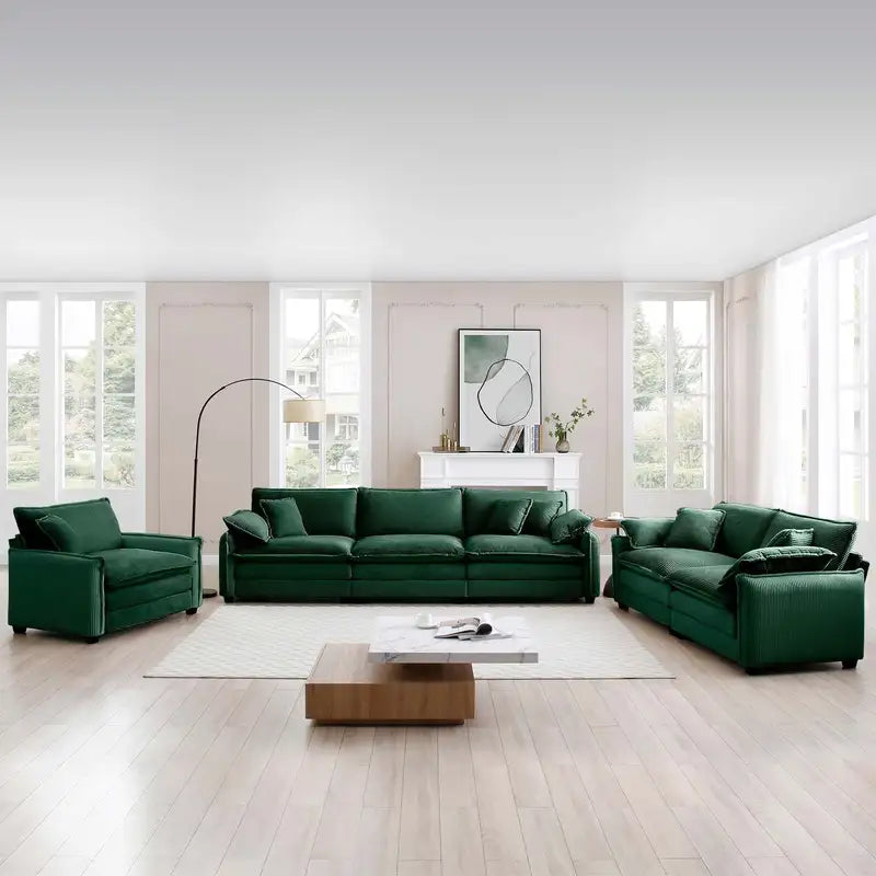 Oversized Green Corduroy Sectional Sofa - 3 Piece Set