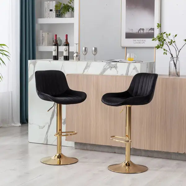 Adjustable Height Bar Stools Set of 2, Black Velvet with Gold Legs - Chrome Footrest and Base Swivel - Minihomy