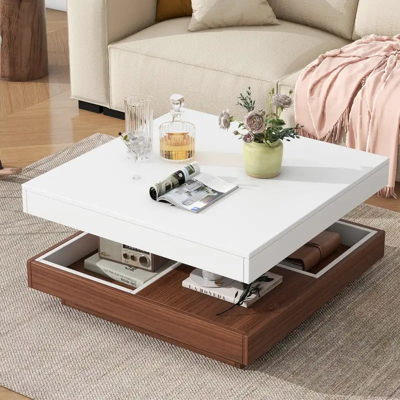 Modern Rotating Coffee Table with Storage - White Farmhouse Wood Center Table