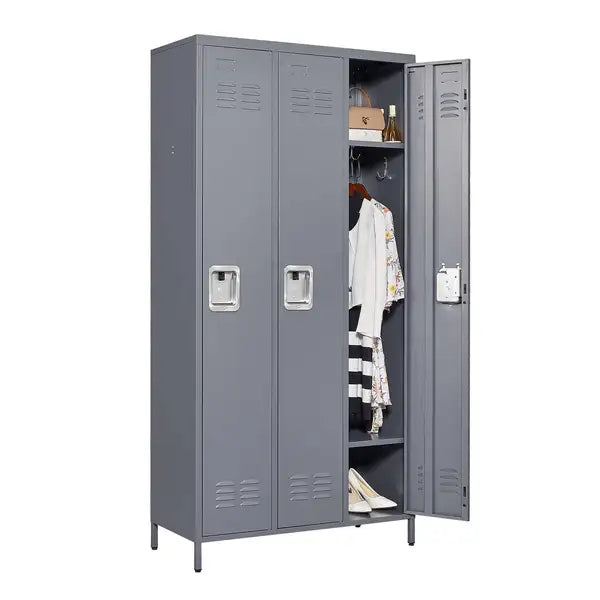 Gray Metal Lockers - 3 Door, 72"H, with Lock - Employee, Gym, Office Storage