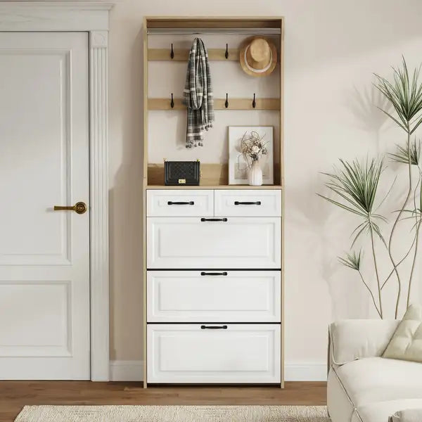 Oak Shoe Cabinet: 3 Doors, 2 Drawers, Hanging Rod - Large Storage