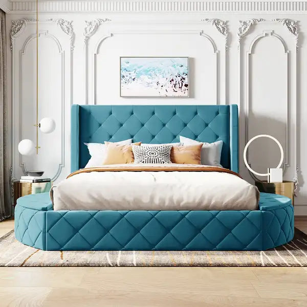 Queen Size Velvet Upholstered Platform Bed with Wingback Headboard, Storage Drawer & Stools (Blue)