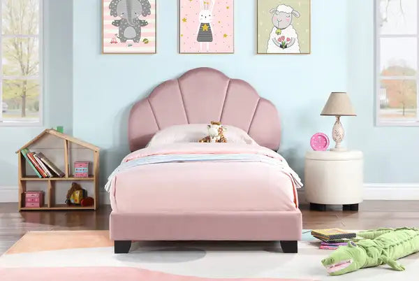 Twin Platform Bed with Shell Headboard - Pink Kids Bed Frame, No Box Spring Needed