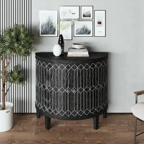 Black Modern Half-Moon Accent Cabinet | 2-Door Wooden Storage