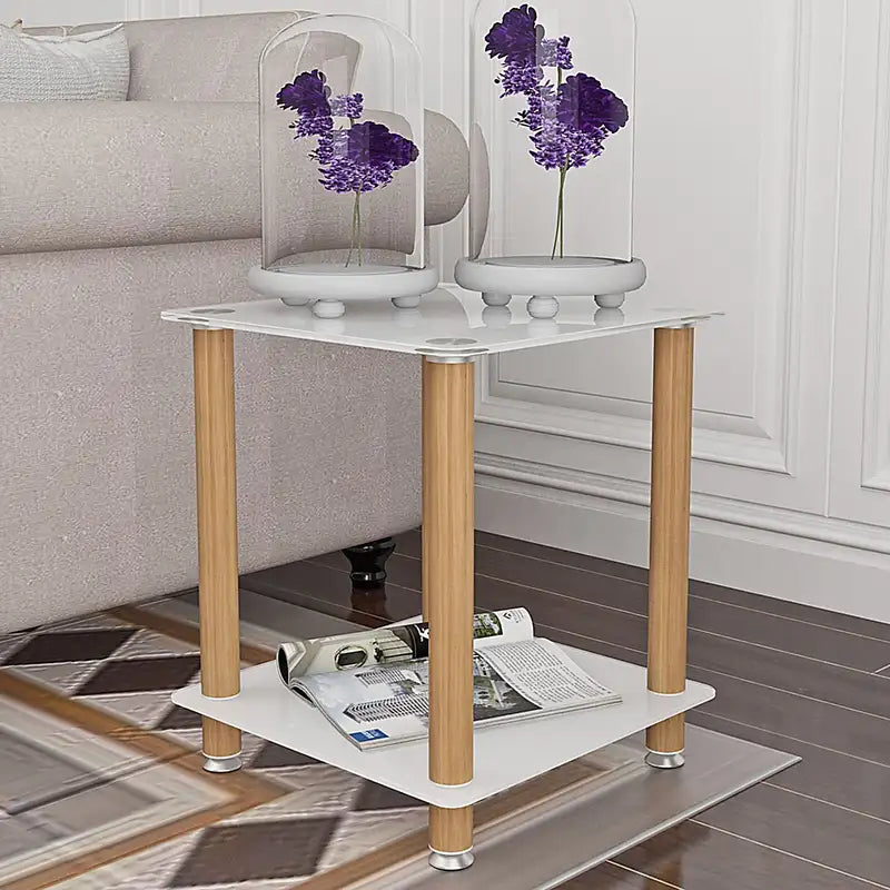 Modern White & Oak 2-Tier Side Table with Storage