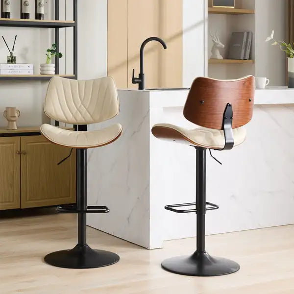 Adjustable Bentwood Bar Stools, Mid Century Modern, Black Leather, Swivel, Counter Height, Beige - Minihomy