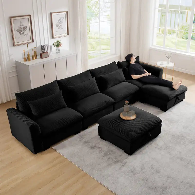 Black Corduroy U-Shaped Sectional Sofa w/Storage & Pillows