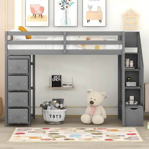 Twin Loft Bed with Storage Drawers, Stairs & Shelves - Gray Wood