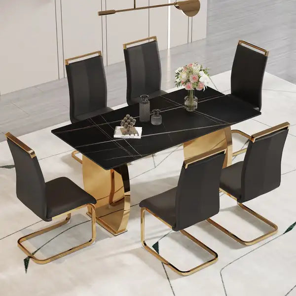 Modern Rectangular Dining Table & Chair Set - Black Top, Gold Legs, Kitchen/Dining/Living Room