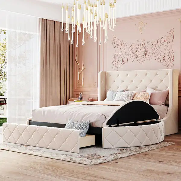 Queen Storage Bed with Wingback Headboard, Velvet Upholstered, Beige, 1 Drawer & 2 Stools