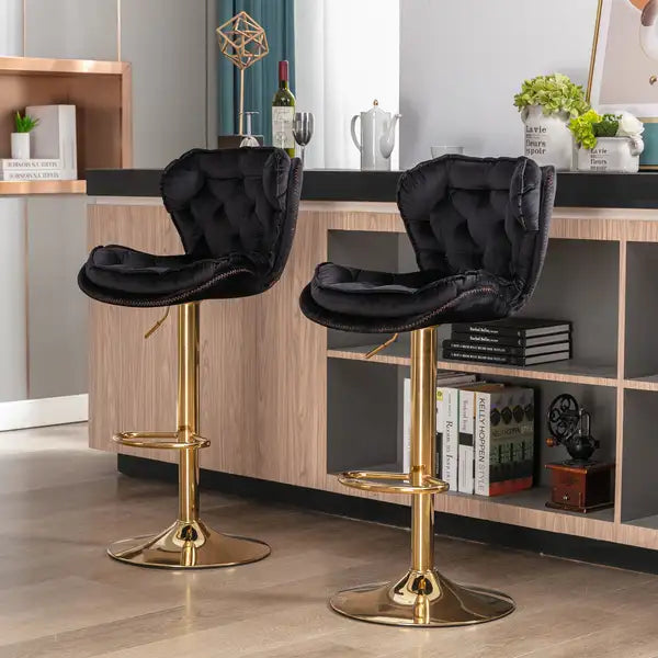 Set of 2 Swivel Bar Stools | Height Adjustable Velvet Upholstered with Gold Legs and Chrome Footrest - Black