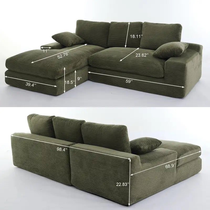 Modular L-Shaped Sofa Set, Army Green Sleeper Couch - 99x69"