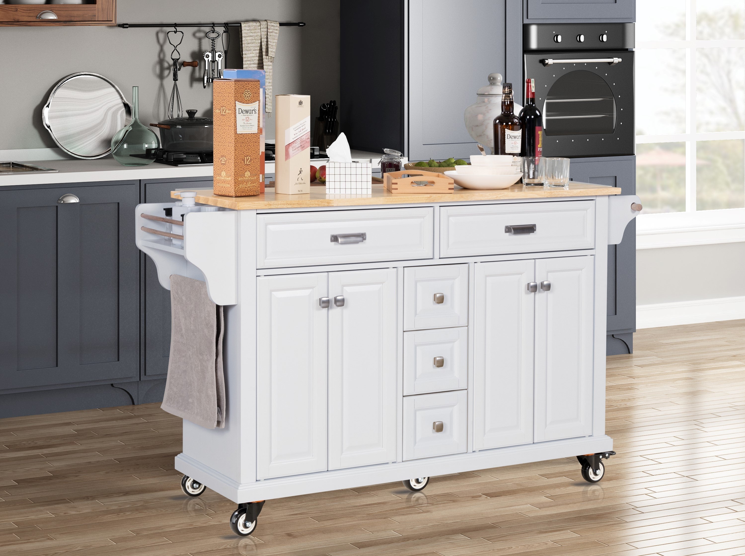 Kitchen Island Cart with Rubberwood Countertop, Storage Cabinet & 5 Drawers, White, 5 Wheels