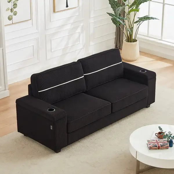 Deep Seat 3-Seater Corduroy Sofa with Storage, USB & Charging Ports