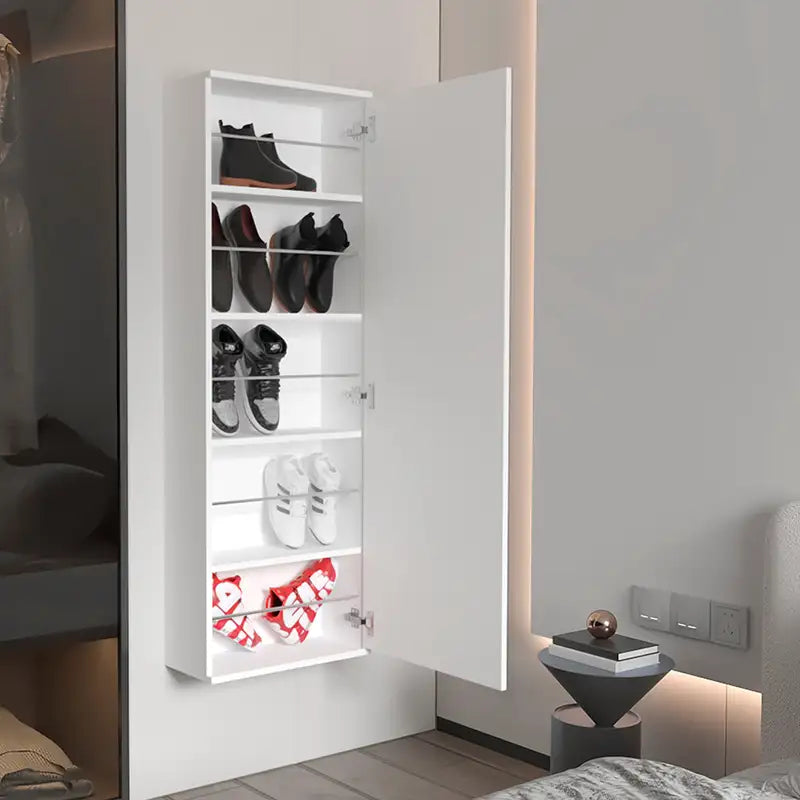 White Wall-Mounted Shoe Cabinet with Mirror - 5 Shelves