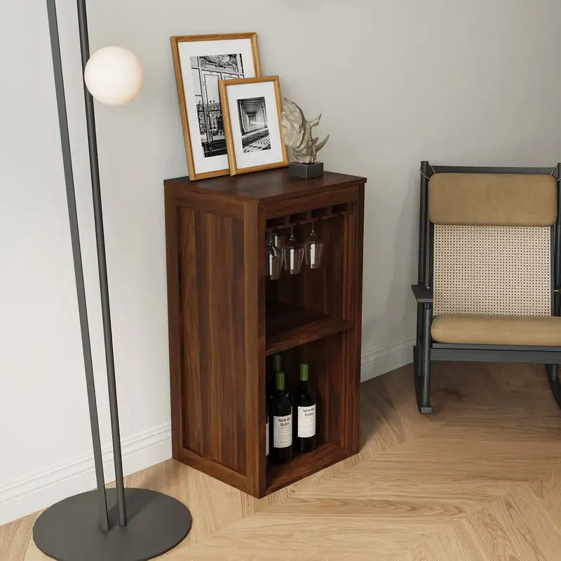 Walnut Wine Bar Cabinet with Hutch & Storage - Modular Design