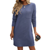 Women's Long Sleeve Striped Pocket Dress - Solid Color Casual Dress