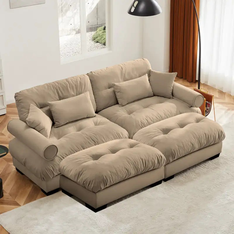 Oversized Camel Velvet Sofa with Ottoman & Pillows