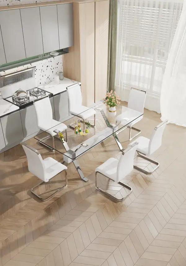 Modern Glass Dining Table with Silver Legs - 79" x 39" x 30" - Home & Office Use - Minihomy