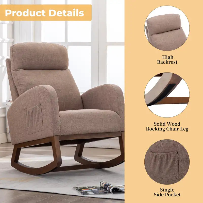 Camel Linen Rocking Chair - Modern Glider Recliner with Wood Legs & Pocket