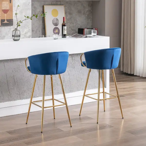 2-Pack 30" Velvet Bar Stools with Chrome Footrest & Gold Legs - Blue - Minihomy