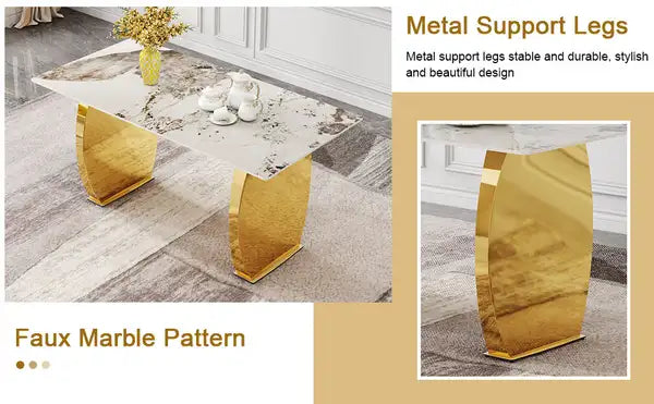 Modern Dining Table & Chair Set - Gold Metal Legs, Rock Plate Top, Stable & Stylish - Minihomy