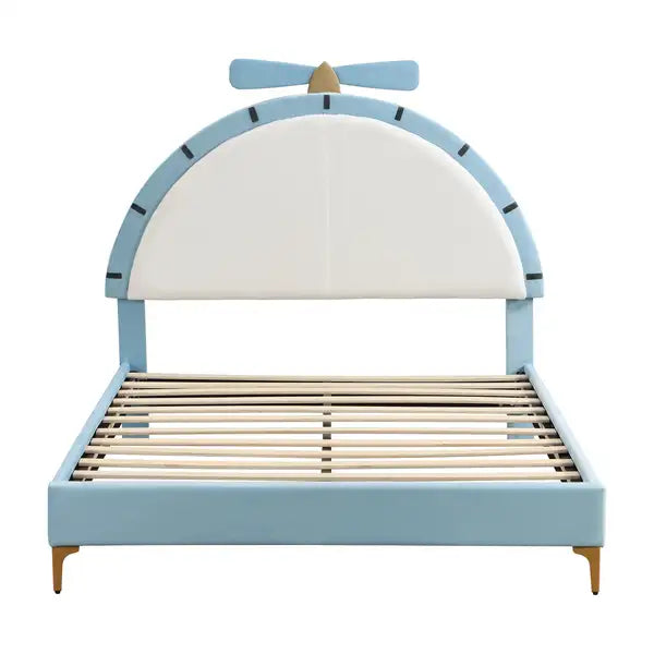 Blue Upholstered Platform Bed with Alarm Clock Headboard - Full Size - Minihomy