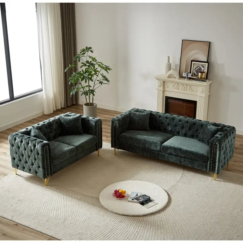 Modern Chenille Sofa with Copper Nailhead Trim & Button Tufted Design