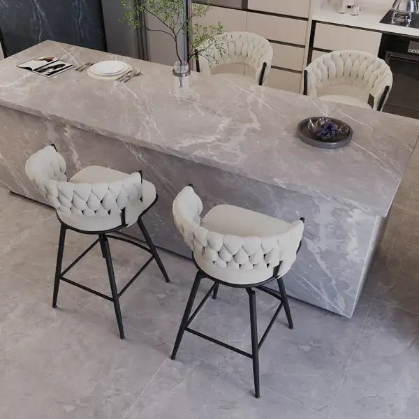 Set of 4 White Suede Bar Stools with Black Legs, Swivel & Footrest, Kitchen Counter Chairs