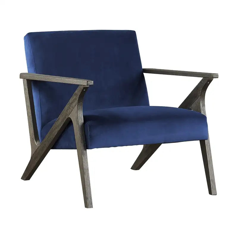 Blue Velvet Accent Chair - Retro Style, Solid Wood Frame