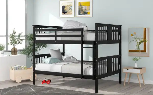 Full Over Full Bunk Bed with Ladder - Espresso - Guest Room Furniture - Minihomy