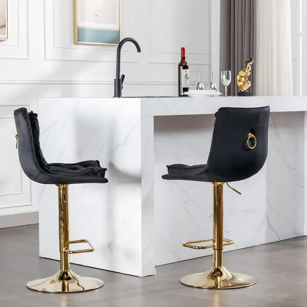 Adjustable Swivel Bar Stools Set of 2, Velvet Seat with Chrome Base & Footrest, Black & Gold - Minihomy