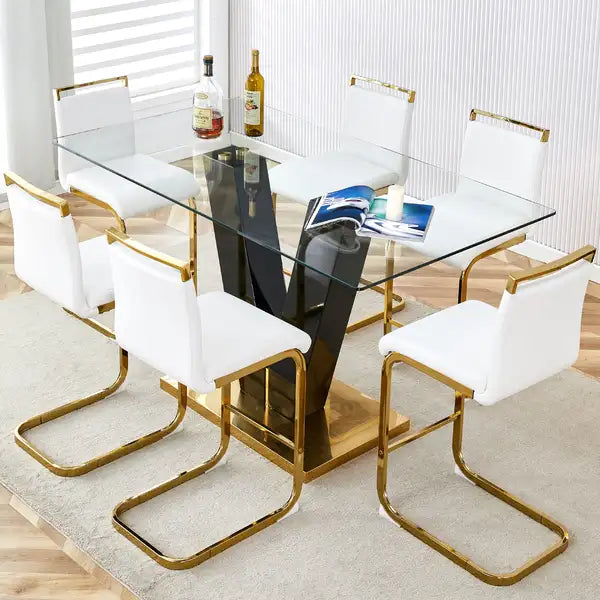 Modern Glass Dining Table & Chair Set - Black & Gold Legs