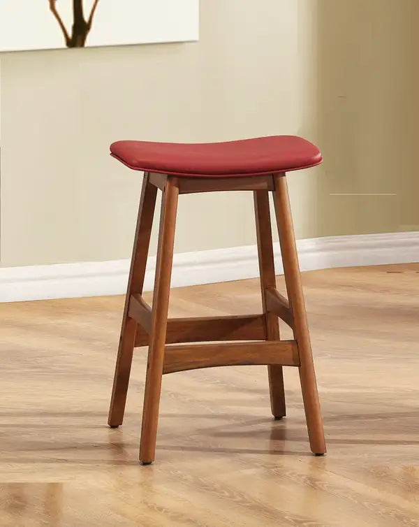 Mid-Century Modern Walnut Bar Stools (Set of 2) - Red Faux Leather