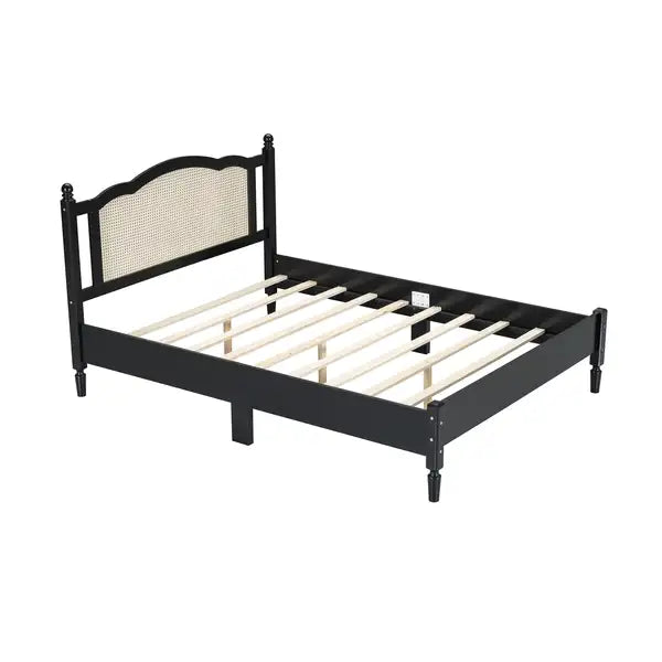 Queen Size Wooden Platform Bed with Natural Rattan Headboard - Vintage Bed Frame - Black