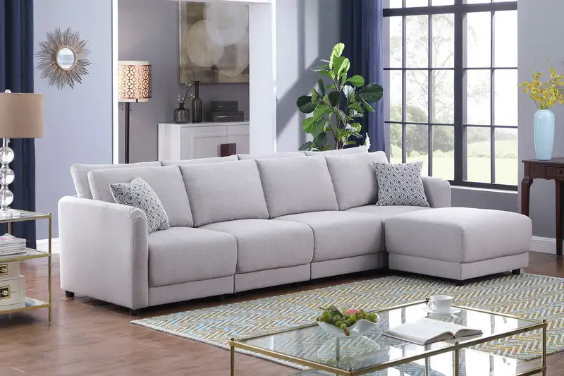 Penelope 111" Light Gray Linen Sofa with Ottoman & Pillows