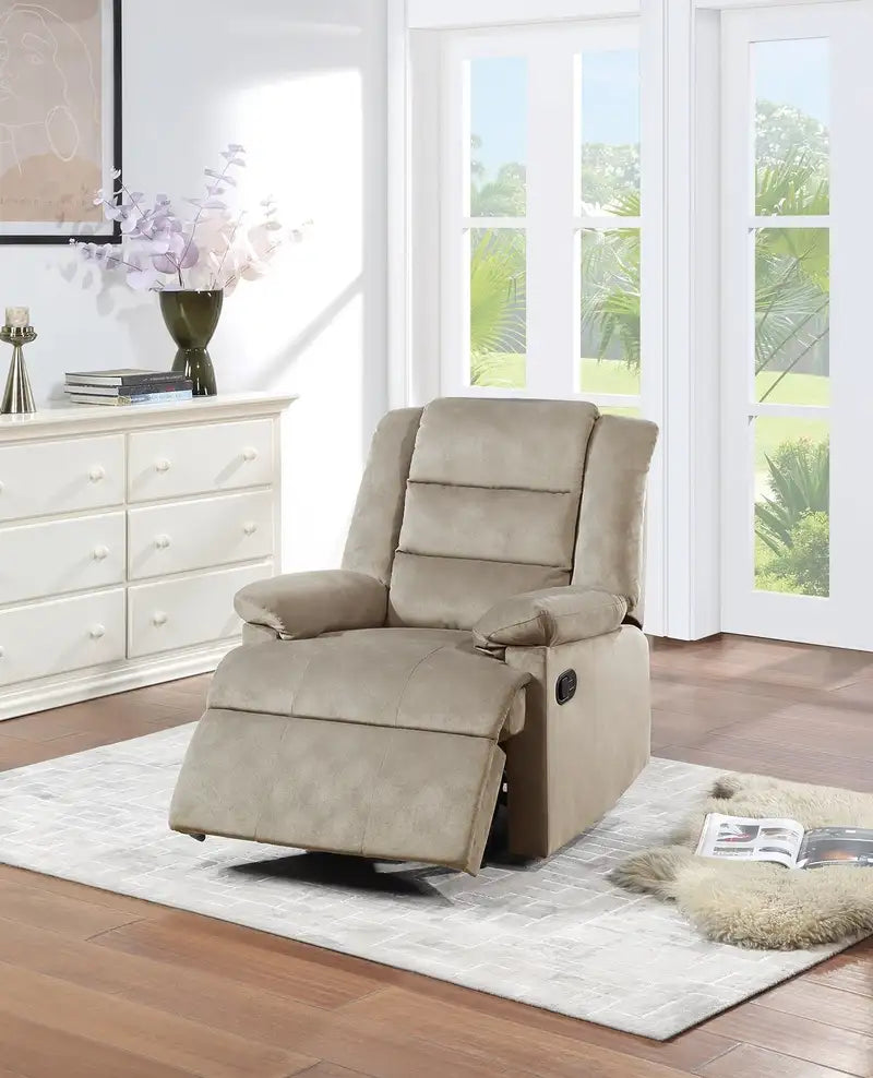 Beige Velvet Recliner Chair - Manual Motion, Plush Armrests