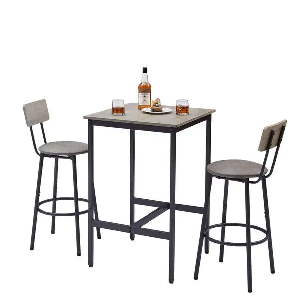 Grey Bar Table Set with 2 Stools, PU Soft Seat & Backrest, 23.62" W x 35.43" H - Minihomy