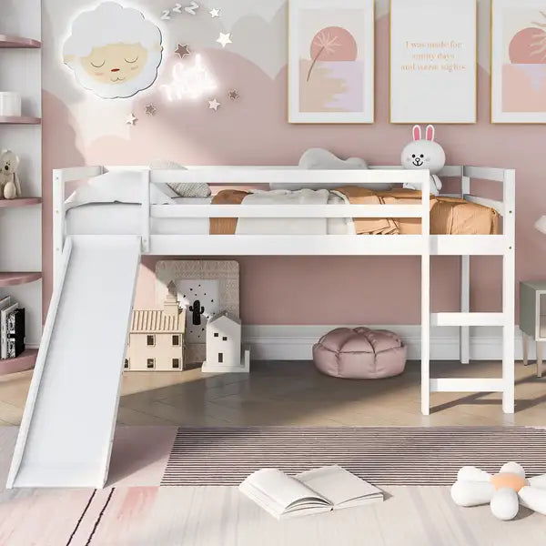 White Twin Loft Bed with Slide - Multifunctional Kids Furniture