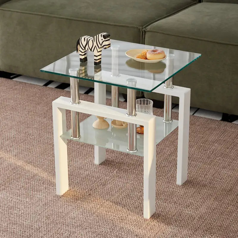 White Glass End Table with Storage - 2-Tier Side Table for Living Room