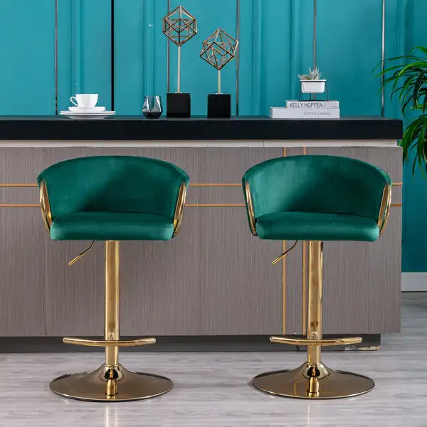 Set of 2 Swivel Bar Stools, Adjustable Height, Velvet Seat, Green with Gold Legs