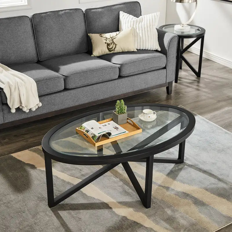 Modern Round Glass Coffee Table with Solid Wood Base