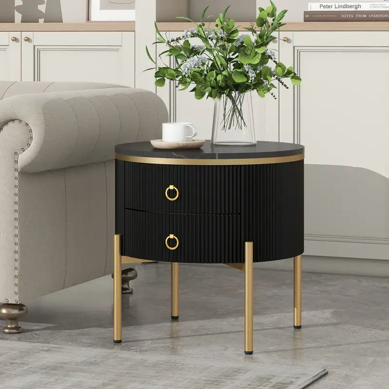 Modern Black Round End Table with Storage | Faux Marble Top & Metal Legs