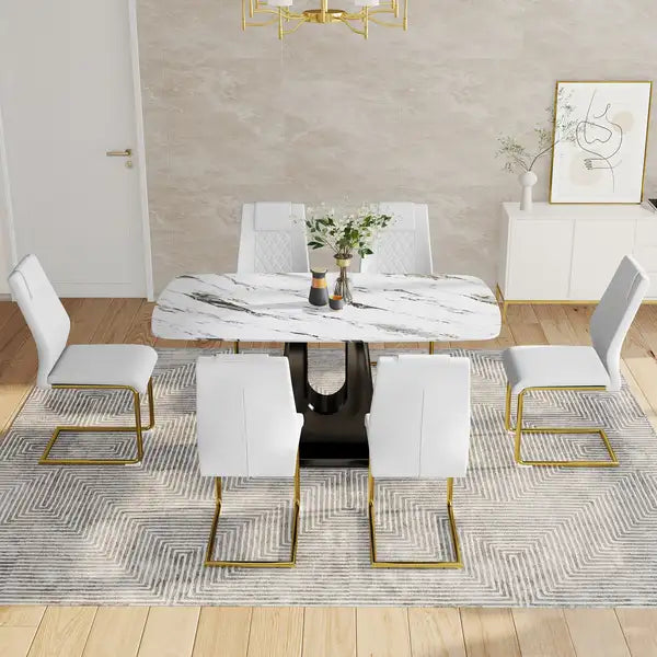 Modern Dining Table Set with Imitation Marble Top & Comfortable Chairs - Living & Dining Room - Minihomy