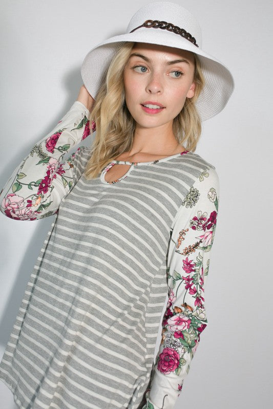 Floral Print Round Neck Keyhole Tunic Top - Stripe Detail