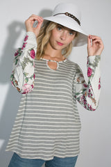 Floral Print Round Neck Keyhole Tunic Top - Stripe Detail